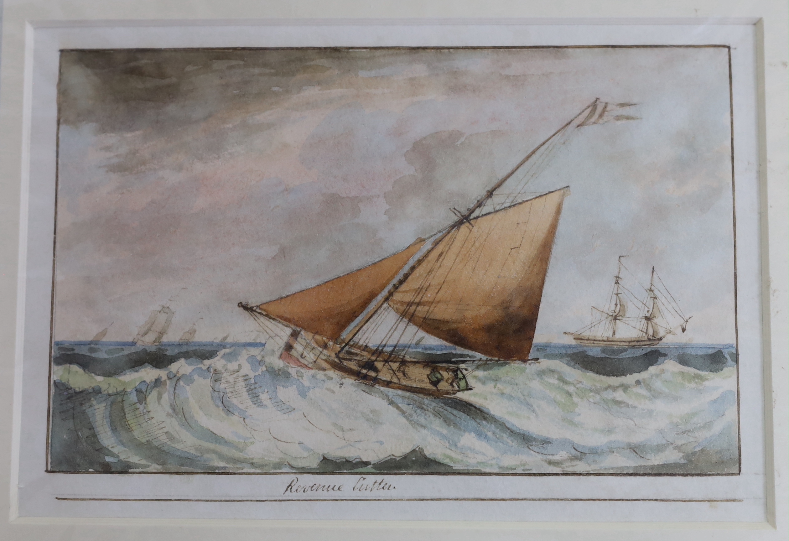 Lieutenant Edward Bampfylde Eagles (19th C.) set of three watercolours comprising, ‘Revenue Cutter’, ‘Near the Red House, Battersea’ & ‘American Schooner’, each inscribed, mounted, unframed, 10x17cm